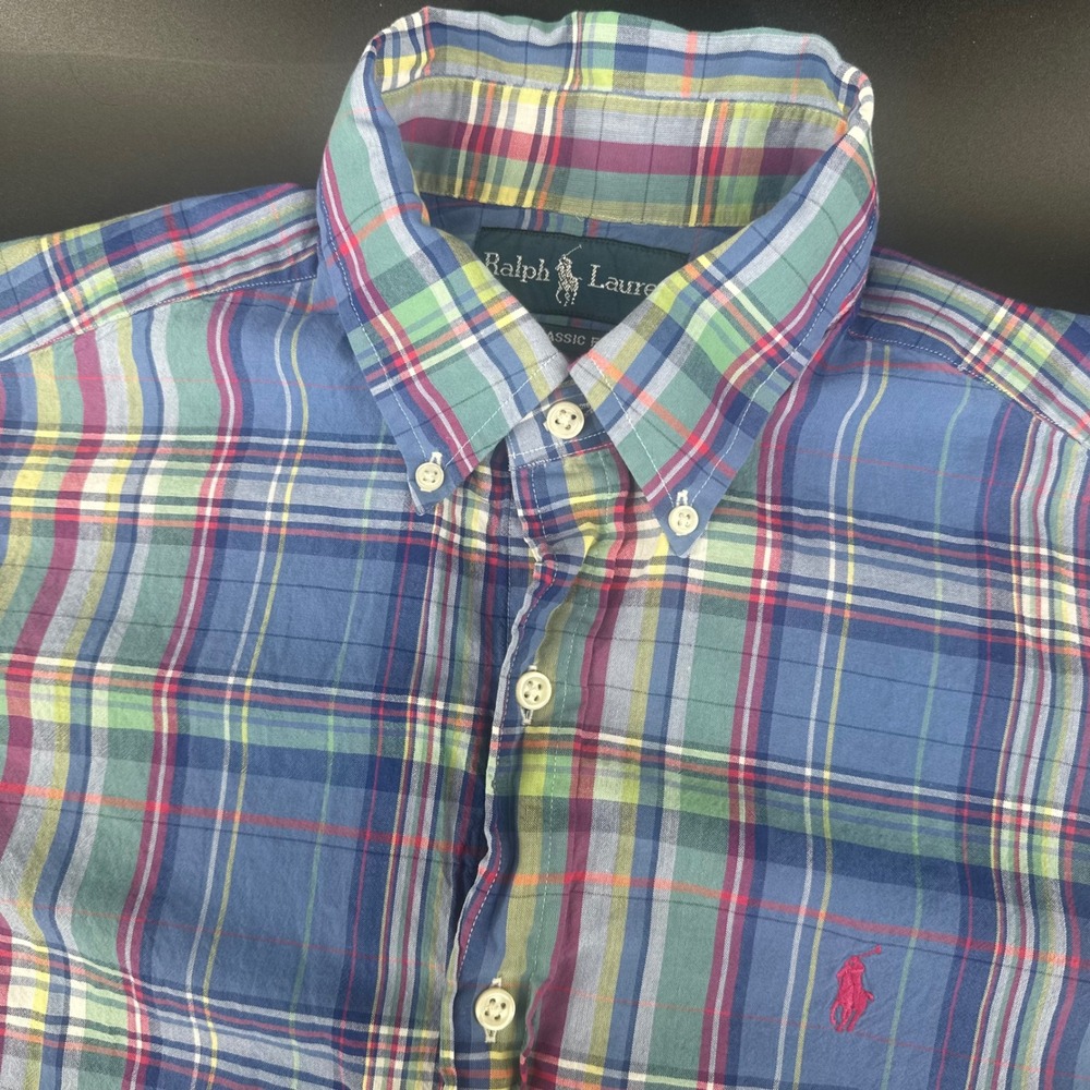 Ralph Lauren Button Down Shirt Mens Size M Blue Plaid Classic Fit Short Sleeve
